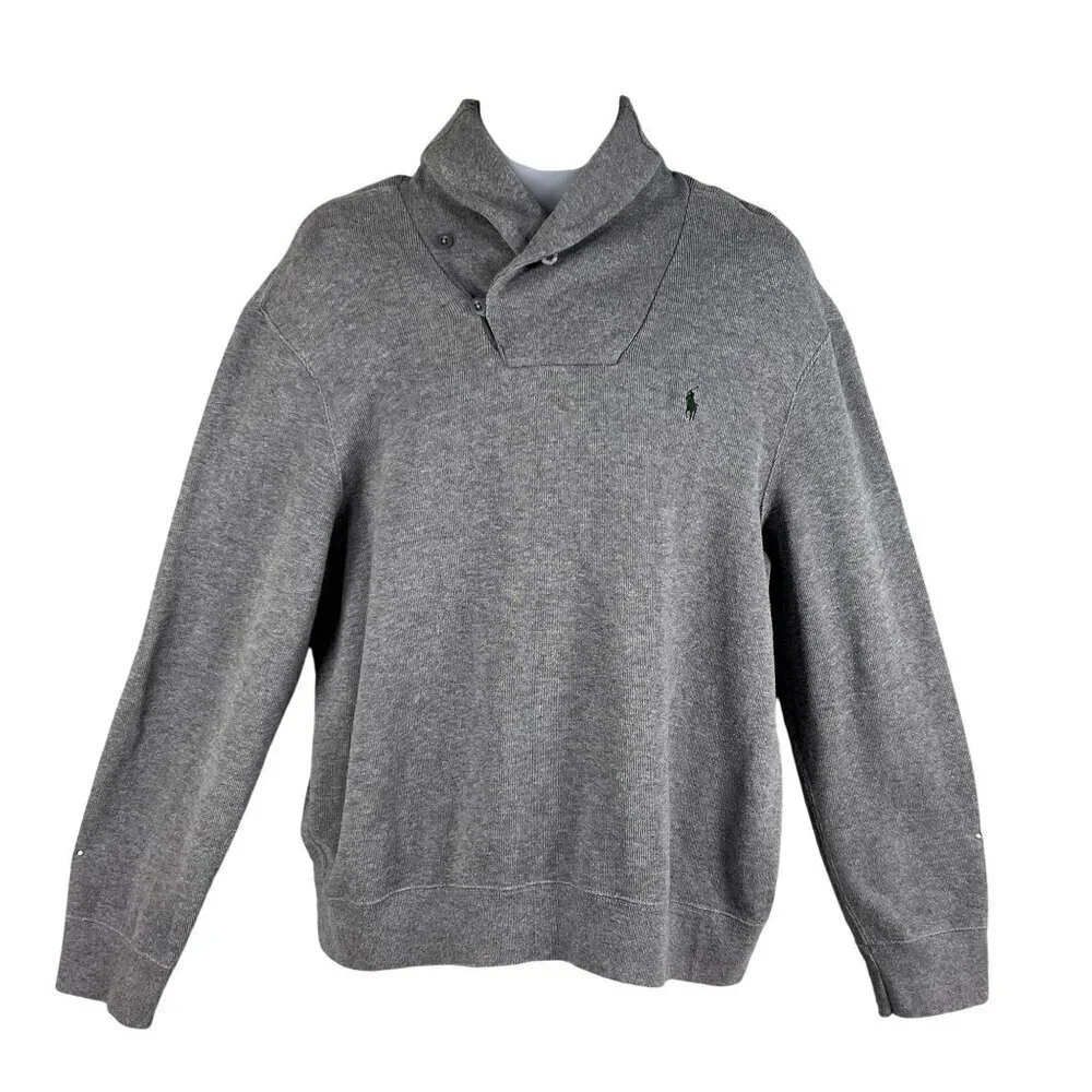 Polo Ralph Lauren Mens XL Jersey Shawl Collar Gray Pullover Sweater Quiet Luxury